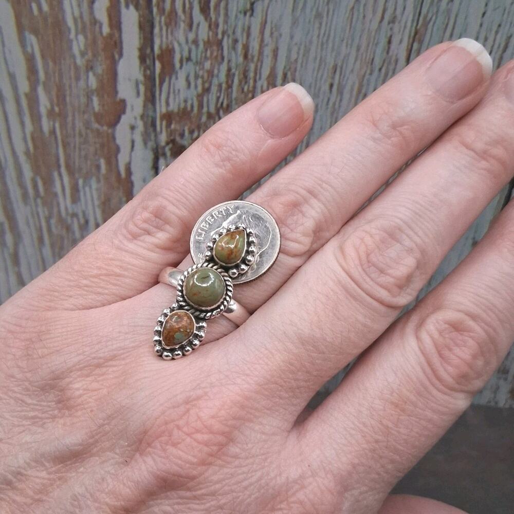 Sterling Silver Royston Turquoise Ring size 9 Dark Green 3 Stone Southwestern - Picture 6 of 10